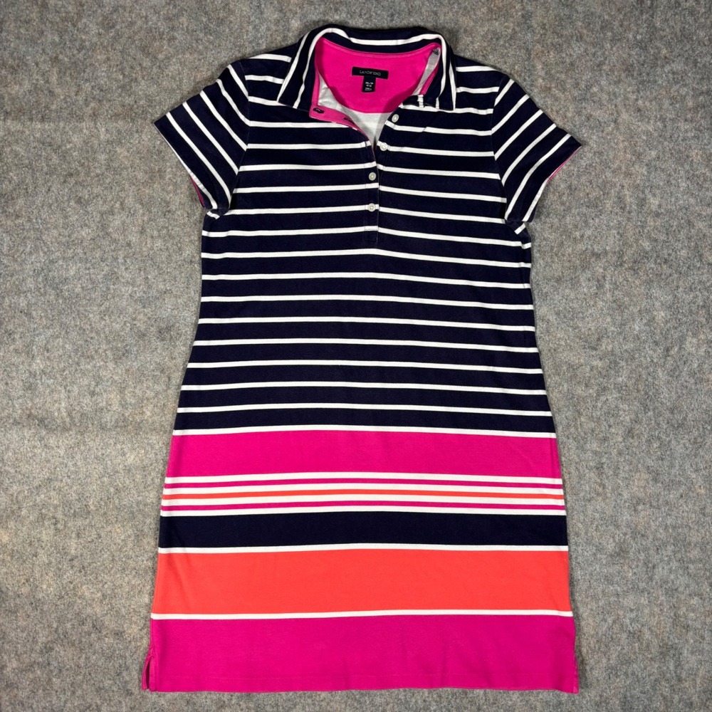 Lands End Polo Dress Womens M 10-12 Navy Pink Striped Colorblock Pique Knit Golf